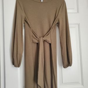 Olive Long Gathered Sleeve Dress with Tie